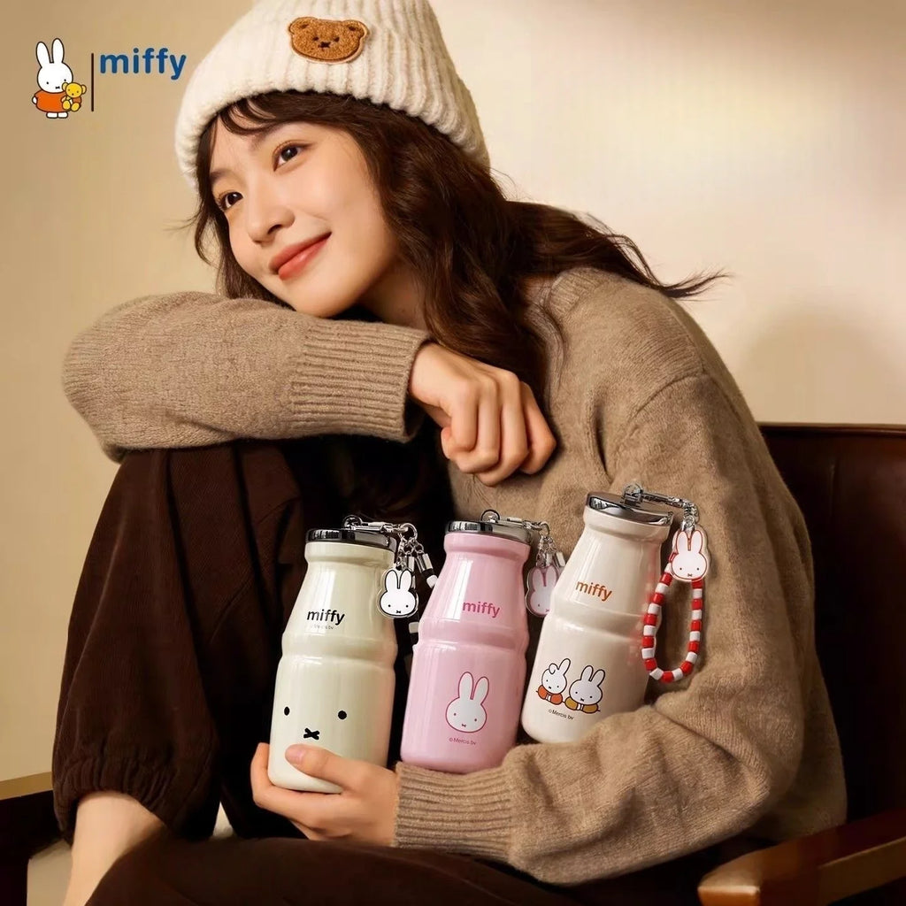 Miffy Kawaii Milk Mug With Lid Straw Cute Rabbit Head Decorative Drinkware Lovely Insulated Tumbler Ideal Girl Birthday Gift