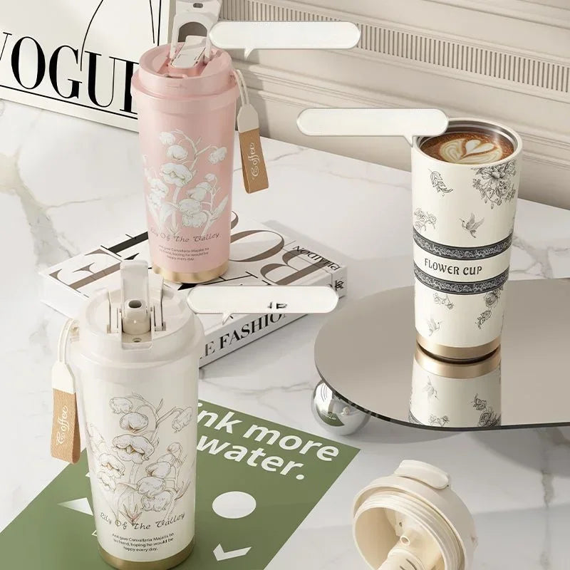 Lily Of The Valley Design Travel Portable Leakproof Coffee Cup Stainless Steel Insulated Bottle Cold Cup Handy Cup